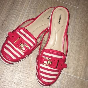 Lands' End — Red Stripe Buckle Mule Shoes